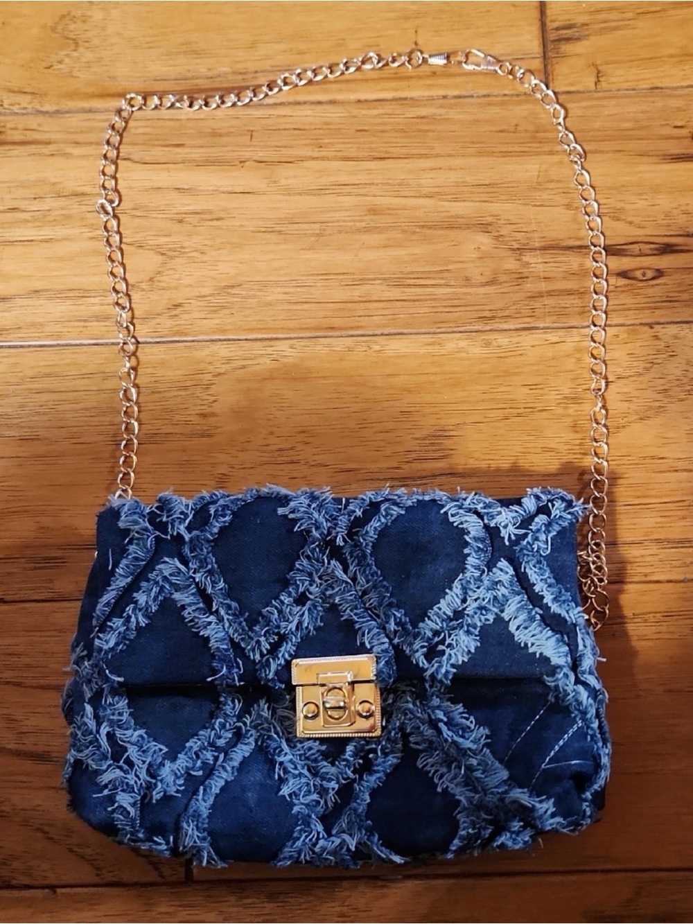 Blue Quilted Fringe Chain Crossbody Bag